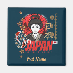 Íman Japão Vintage Geisha com Flag Koi e Lotus Souve