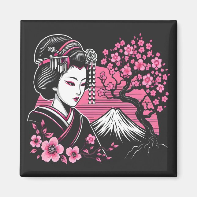 Íman Japonês Geisha Monte Fuji Japonês Cherry Blossom (Frente)