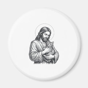 Íman Jesus Antigo Segurando Gato Gravura Gráfico_1