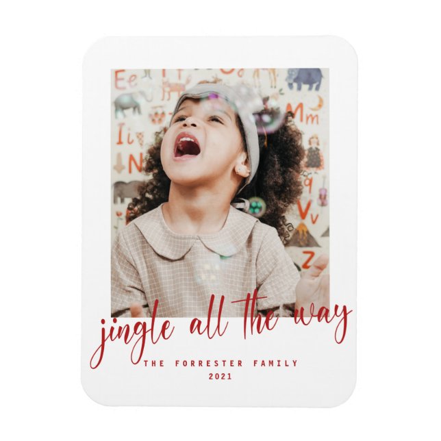 Íman Jingle All Way Red Script Photo Holiday Card (Vertical)