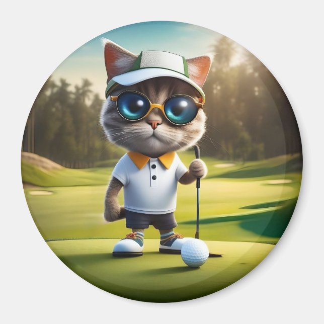 Íman Jogador De Golfe De Gato Animado Engraçado, (Frente)