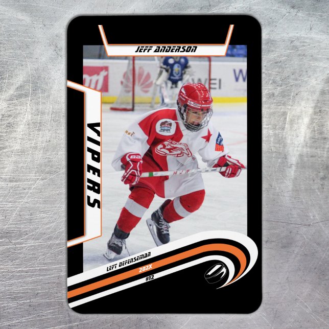 Íman Jogador De Hóquei No Gelo Mantém-Se Em Laranja Viv (Ice Hockey: Vibrant orange jersey magnet featuring customizable player image, logo, and number.)