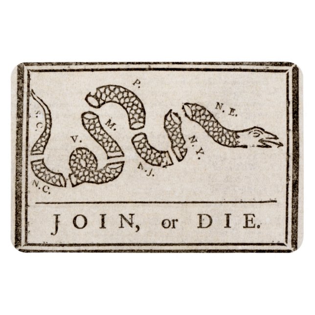 Íman Join ou Die Rattlesnake: Cartoon Benjamin Franklin (Horizontal)
