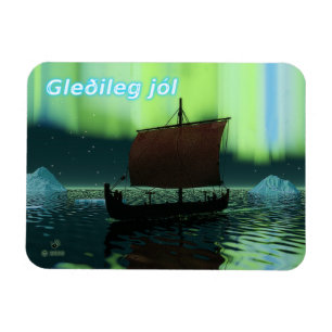 Íman Jól de Gleðileg - navio e aurora boreal de Vikin