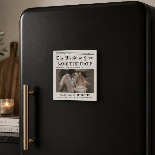 Íman Jornal Salve a Data Casamento  (save the date wedding magnets elegant modern black and white classic classy)