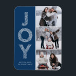 Íman JOY Foliage Lettering Blue Photo Collage<br><div class="desc">JOY Foliage Lettering Red Christmas Photo Collage Flat Magnet | Envie Cartões de natal com este ímã fotográfico de feriado caprichoso. Apresenta a tipografia decorativa de JOY. Personalize adicionando seus detalhes.</div>