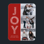 Íman JOY Foliage Lettering Red Photo Collage<br><div class="desc">JOY Foliage Lettering Red Christmas Photo Collage Flat Magnet | Envie Cartões de natal com este ímã fotográfico de feriado caprichoso. Apresenta a tipografia decorativa de JOY. Personalize adicionando seus detalhes.</div>