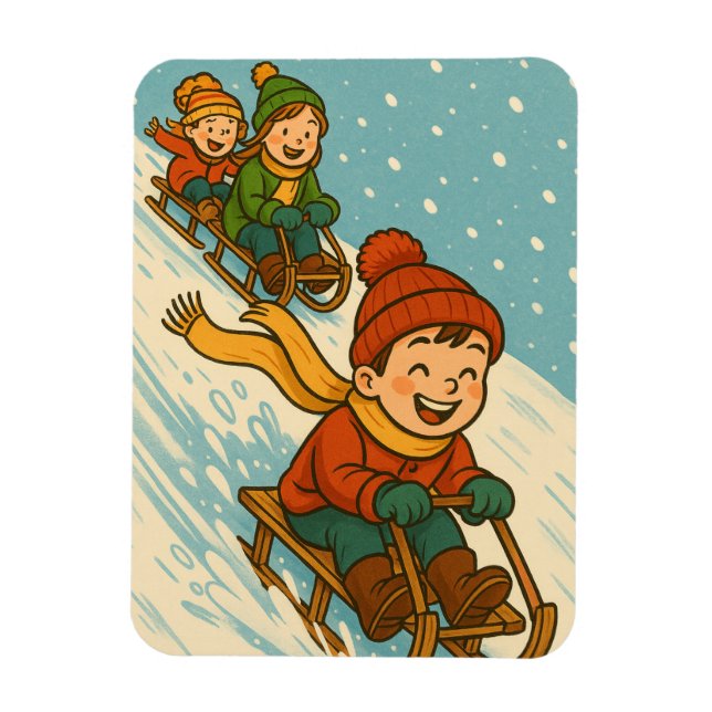 Íman Joyful Sled Ride – Cute Kids Sleigh Riding Winter (Vertical)