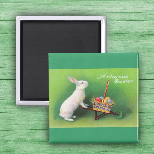 Íman Joyous Easter Bunny e Wheelbarrow Magnet (White Easter Rabbit pushing wheelbarrow with coloured Easter Eggs on green Magnet.)