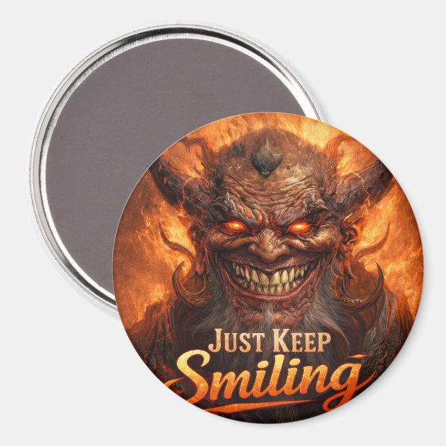 Íman Just Keep Smiling Demon Magnet Button – Dark Humor (Front/Back)