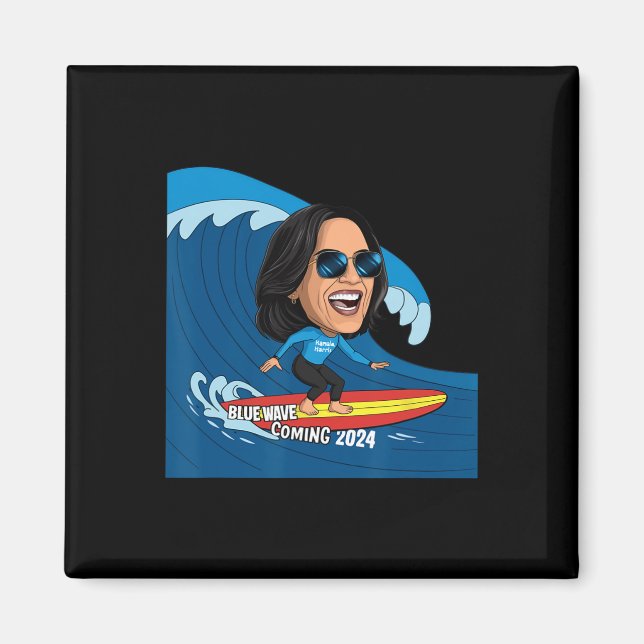 Íman Kamala Harris Andando No Surfboard Numa Onda Azul (Frente)