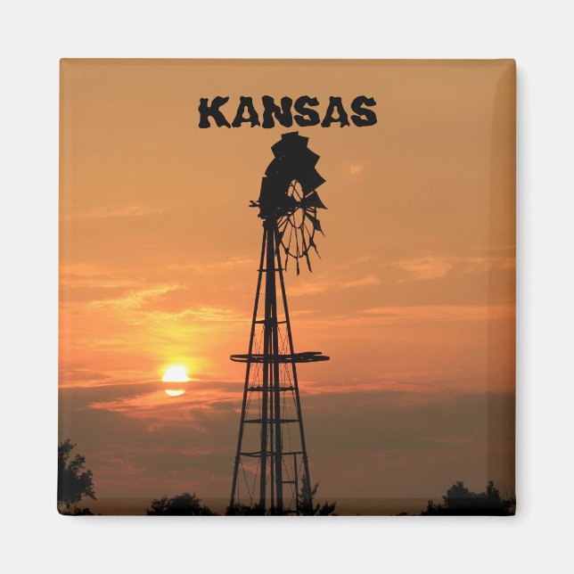 Íman Kansas Windmill Silhouette Sunset Magnet (Frente)