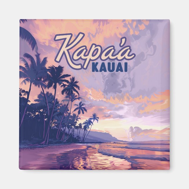Íman Kapaa Kauai Hawaii Beach Sunset Palm Tree Retro (Frente)