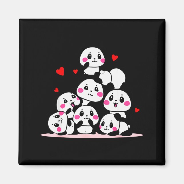 Íman Kawaii Bebê Panda Fofo Pilha Com Corações Vermelho (Frente)