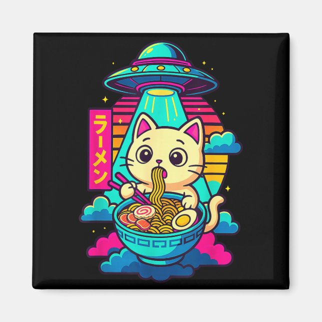 Íman Kawaii Cat Alien Ufo Ramen Graphic Tee Funny Japan (Frente)
