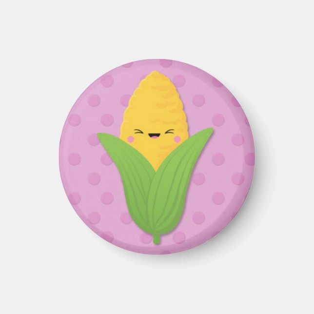 Íman Kawaii Corn no Cob em Bolinhas Roxas (Frente)