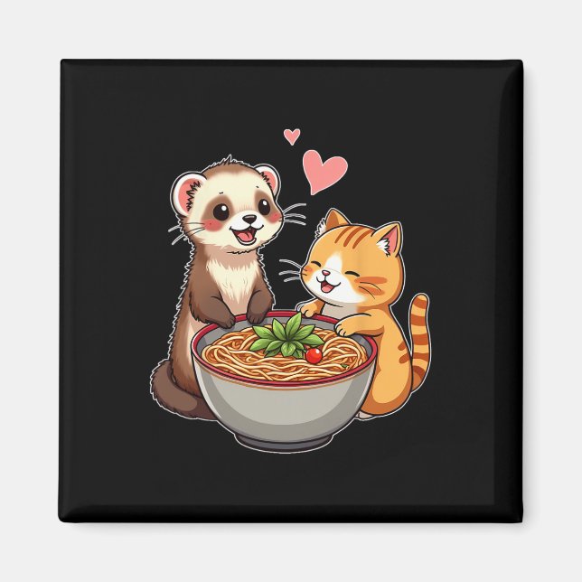 Íman Kawaii Ferret E Cat Comendo Ramen Cujo Japonês A (Frente)