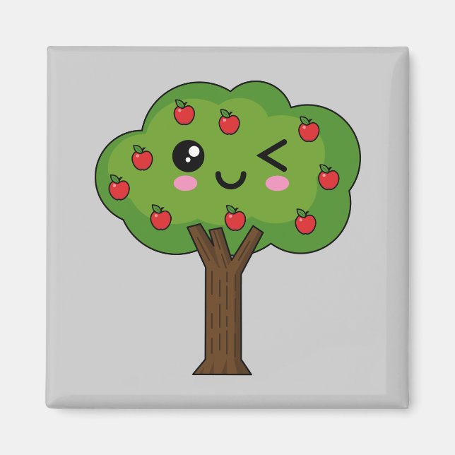 Íman Kawaii Happy Winking Apple Tree (Frente)