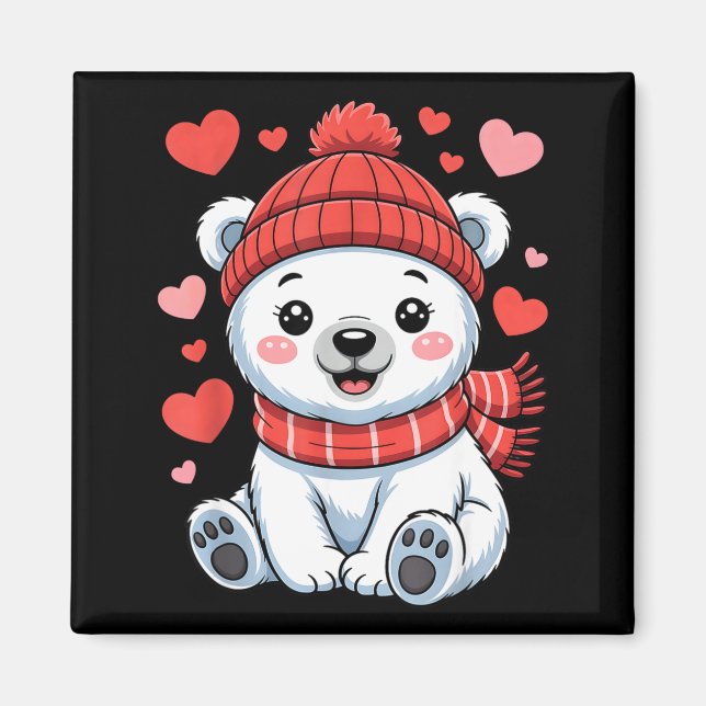 Íman Kawaii Polar Bear Valentines Day Hearts Scarf Bean (Frente)