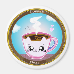 Íman Kawaii, taça de café rosa. Café primeiro