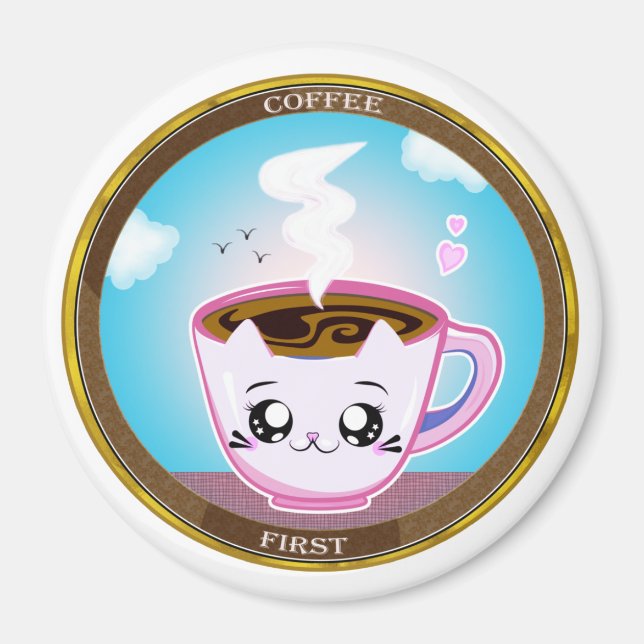 Íman Kawaii, taça de café rosa. Café primeiro (Frente)