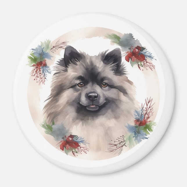 Íman Keeshond Christmas Wreath Festivo Pup (Frente)