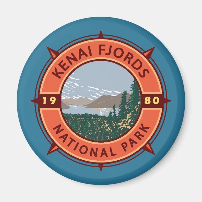 Íman Kenai Fjords National Park Retro Compass Emblem (Frente)