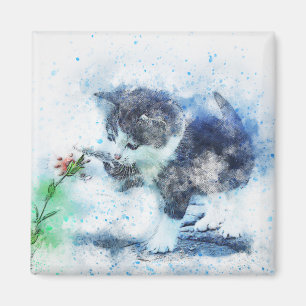 Íman Kitten Brincando com Flor ABSTRATO Watercolor