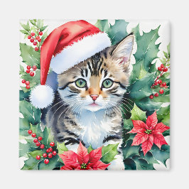 Íman Kitten Em Santa Hat, Arte Por Aquarela De Natal