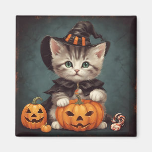 Íman Kitten no Halloween Costume e Jack-O-Lanterna