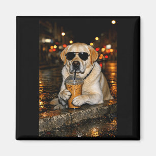 Íman Labrador retriever engraçado bebendo café gelado f