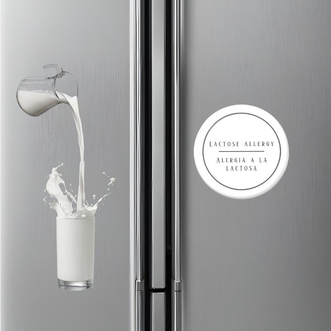 Íman Lactose alérgica em preto e branco (Bilingual lactose allergy warning magnet, Spanish custom text & name Multilingual project)