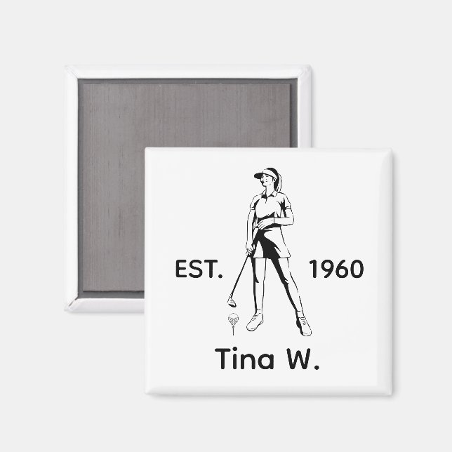 Íman Lady Golfer Nome personalizado e ano (Front/Back)