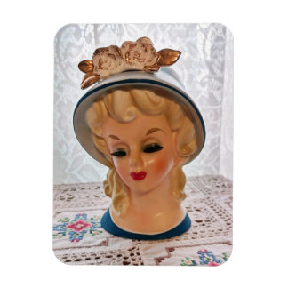 Íman Lady Head Vase Blonde Teen Blue Hat Flower