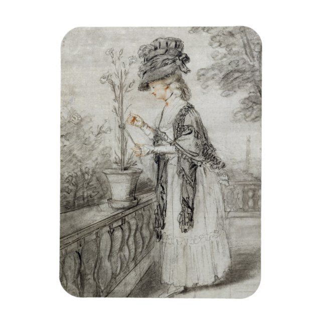 Íman Lady on a Terrace Tending a Carnação (preto (Vertical)