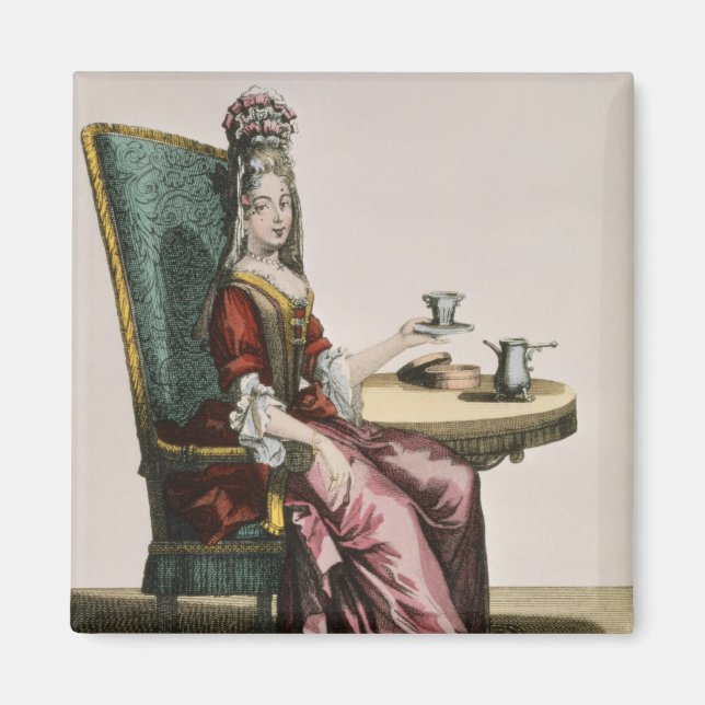 Íman Lady Tomando café, placa de moda, c.1695 (gravavi) (Frente)