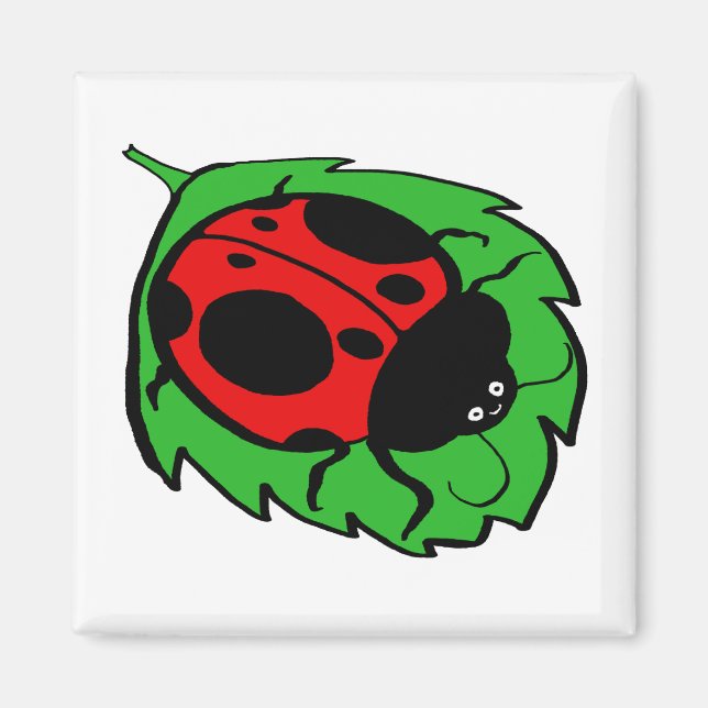 Íman Ladybug sorridente numa Folha Verde (Frente)