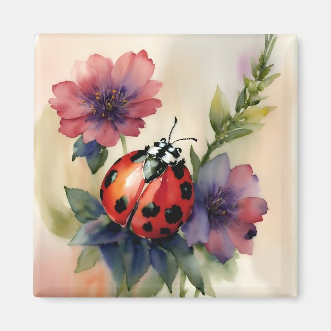 Íman Ladybug Watercolor Arte Foral Botânica (Frente)