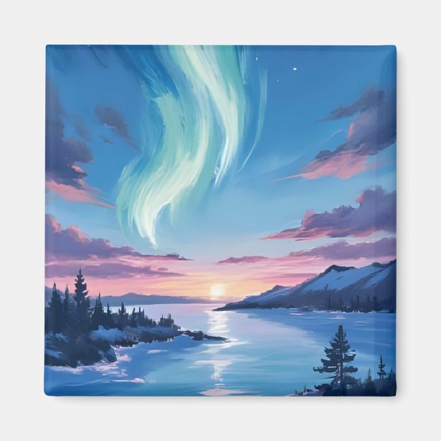 Íman Lago Aurora Boreal Paisagem Sonhadora Noturna (Frente)