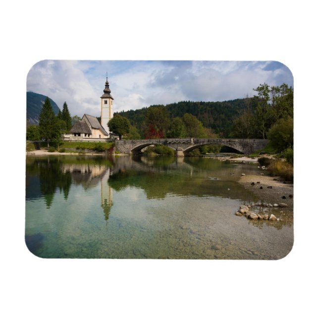 Íman Lago Bohinj e igreja, ímã retangular da Eslovênia (Horizontal)