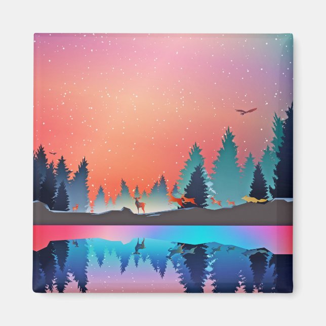 Íman Lago de inverno Cênico com Veado (Frente)