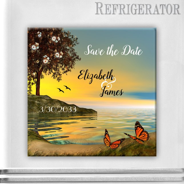Íman Lago Sunset com Imã salve a data de Borboletas (Save the Date magnet featuring a coastal landscape with a blossoming tree and butterflies at sunset)