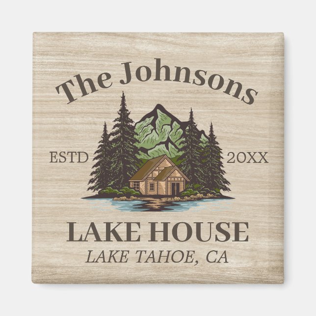 Íman Lake House Wood Themed Family Name Personalizado (Frente)