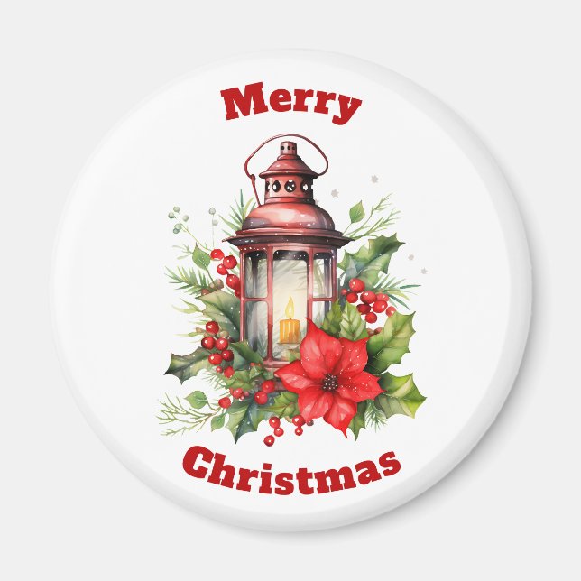 Íman Lanterna de Natal Vermelho Poinsettia e Pinheiro (Frente)
