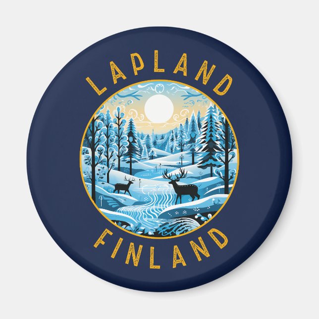 Íman Lapland Finlândia Deer Retro Distress Circular (Frente)