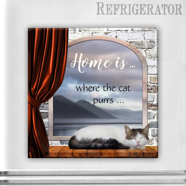 Íman Lar bonito é onde o gato ronda o ímã de pintura (Cute magnet featuring a painting of a dreaming cat in the window sill. For a cozy home cat lover)