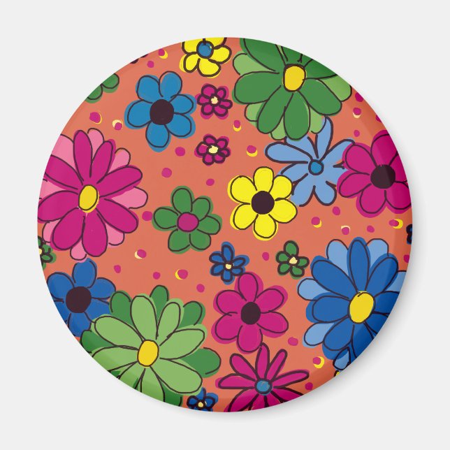 Íman Laranja com Flores de Cores Vibrantes (Frente)