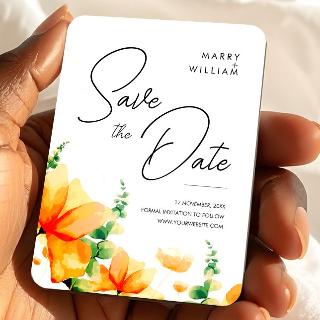Íman Laranja Moderno Elegante Salve a Data de Casamento (Orange Elegant Modern Save the Date Wedding Magnet, Wedding Favor Magnet)