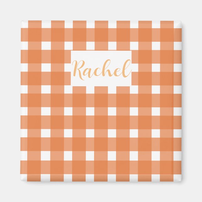 Íman Laranja White Gingham Personalizado (Frente)