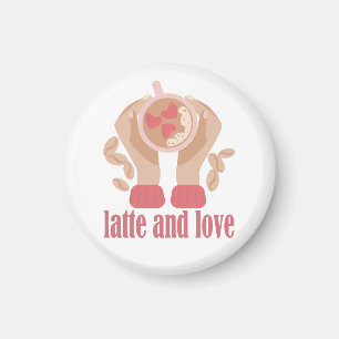 Íman Latite e xícara de amor, mãos e café